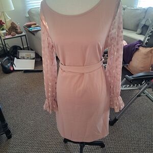SHEIN Dusty Pink Long Sleeve Belted Dress with Sheer Polka-Dot Sleeves